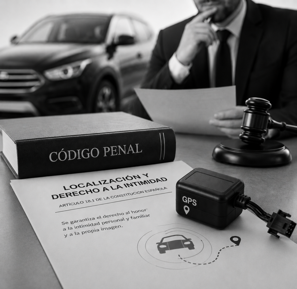 Detective privado analizando la legalidad del uso de un localizador GPS en un vehículo según la normativa sobre intimidad en España.